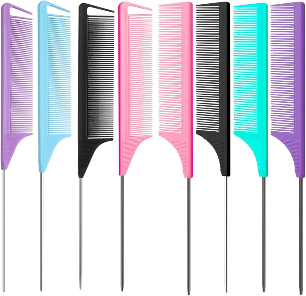 8pcs Rat Tail Combs Set,Long Steel Pin Teasing Combs for Salon Hair Stylists,2 styles and multipl... | Amazon (US)