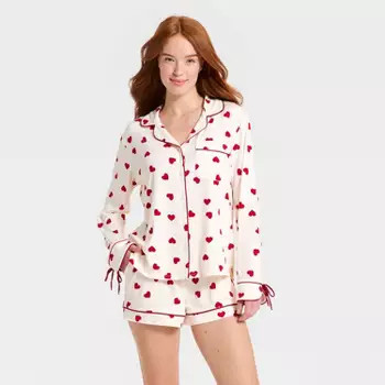 Women's Jersey Long Sleeve Notch Collar Shirt and Shorts Pajama Set - Auden™ Cream Heart S | Target