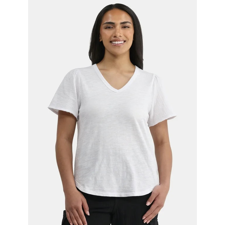 Time and Tru Women's Cotton Mixed Fabric V Neck Tee, Sizes XS-XXXL | Walmart (US)