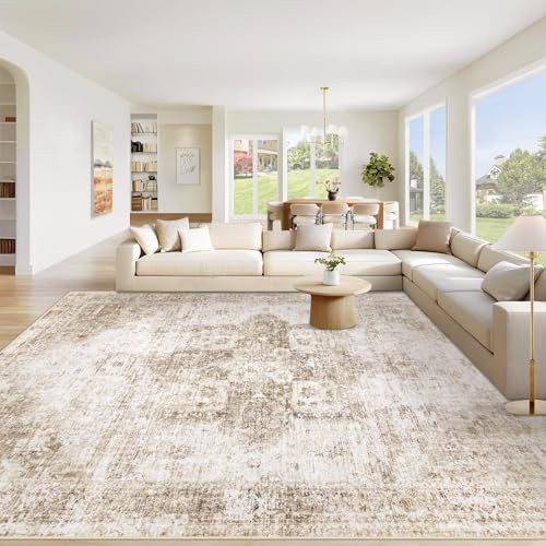 VECARF Area Rug 8x10 Washable Rug, Vintage Boho Medallion Rugs Non-Slip Soft Low Pile Large Distressed Rug Indoor Retro Carpet for Living Room Bedroom Dining Room Home Office (Brown, 8'x10') | Amazon (US)