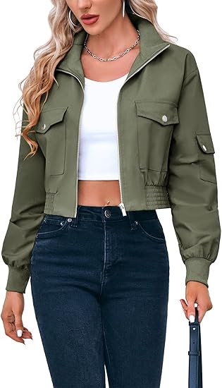 Fisoew Women's Cropped Bomber Jackets Lightweight Zip Up Stand Collar Long Sleeve Short Jacket wi... | Amazon (US)