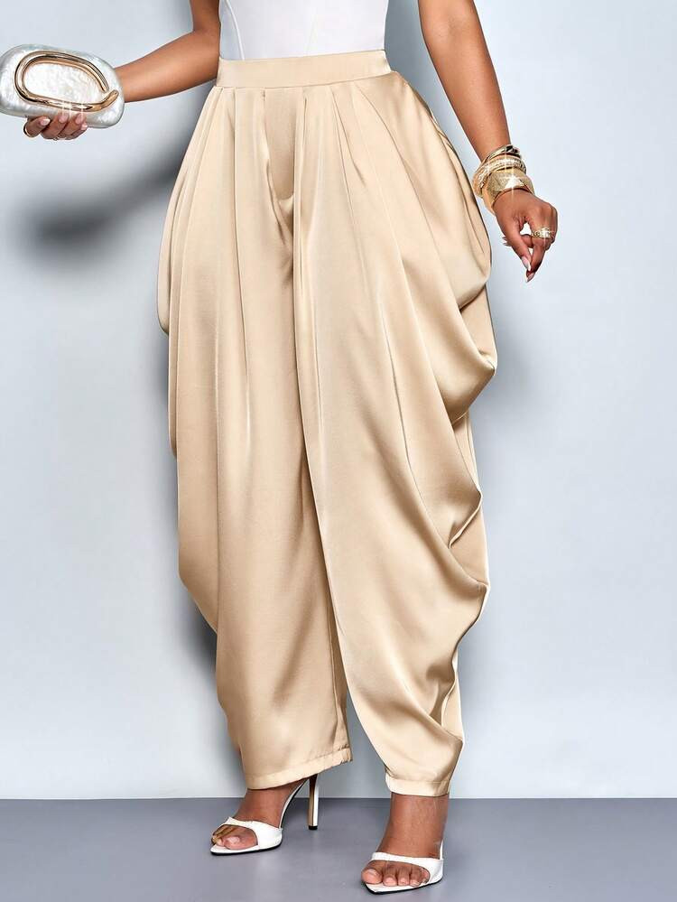 SOLERSUN Women's Elegant Fashion Loose Champagne Pleated Pocket Satin Pants, Suitable For Afternoon Tea, Gathering, Fashionable Outing, Dating, Sweet Outing, Night Out, Christmas Party, New Year's Eve, Holiday, Sexy Women's, Club,Suitable For Christmas Party Vacation & Valentine's Day Dating | SHEIN