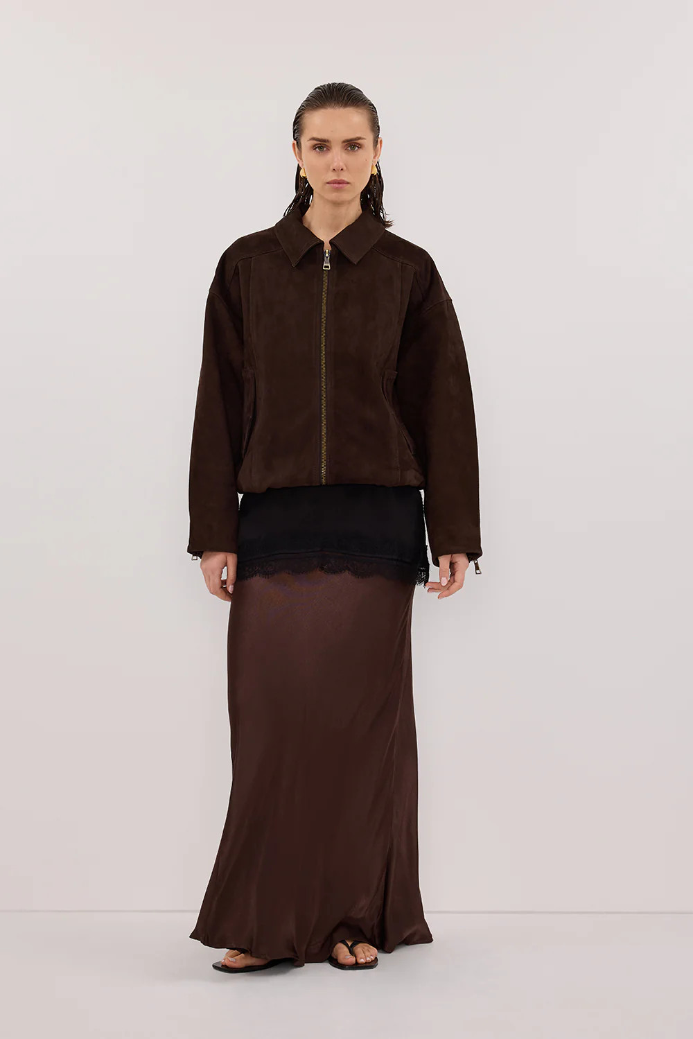 CHARLI BITTER CHOC SATIN MAXI SKIRT | DISSH