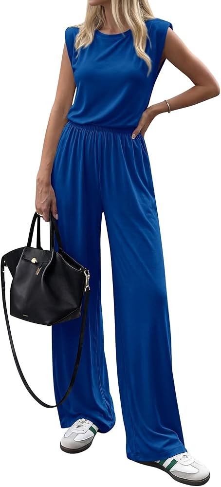 BTFBM 2 Piece Sets for Women Spring 2026 Casual Shoulder Pad Tank Top Wide Leg Pants Matching Set... | Amazon (US)