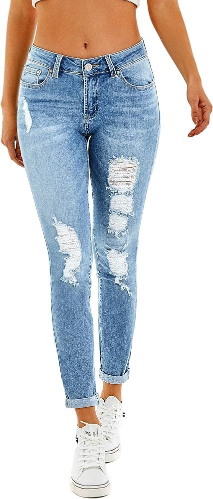 RHODANTHE Women's Skinny Ripped Jeans Stretch Boyfriend Trendy Jean Women Straight Distressed Jea... | Amazon (US)