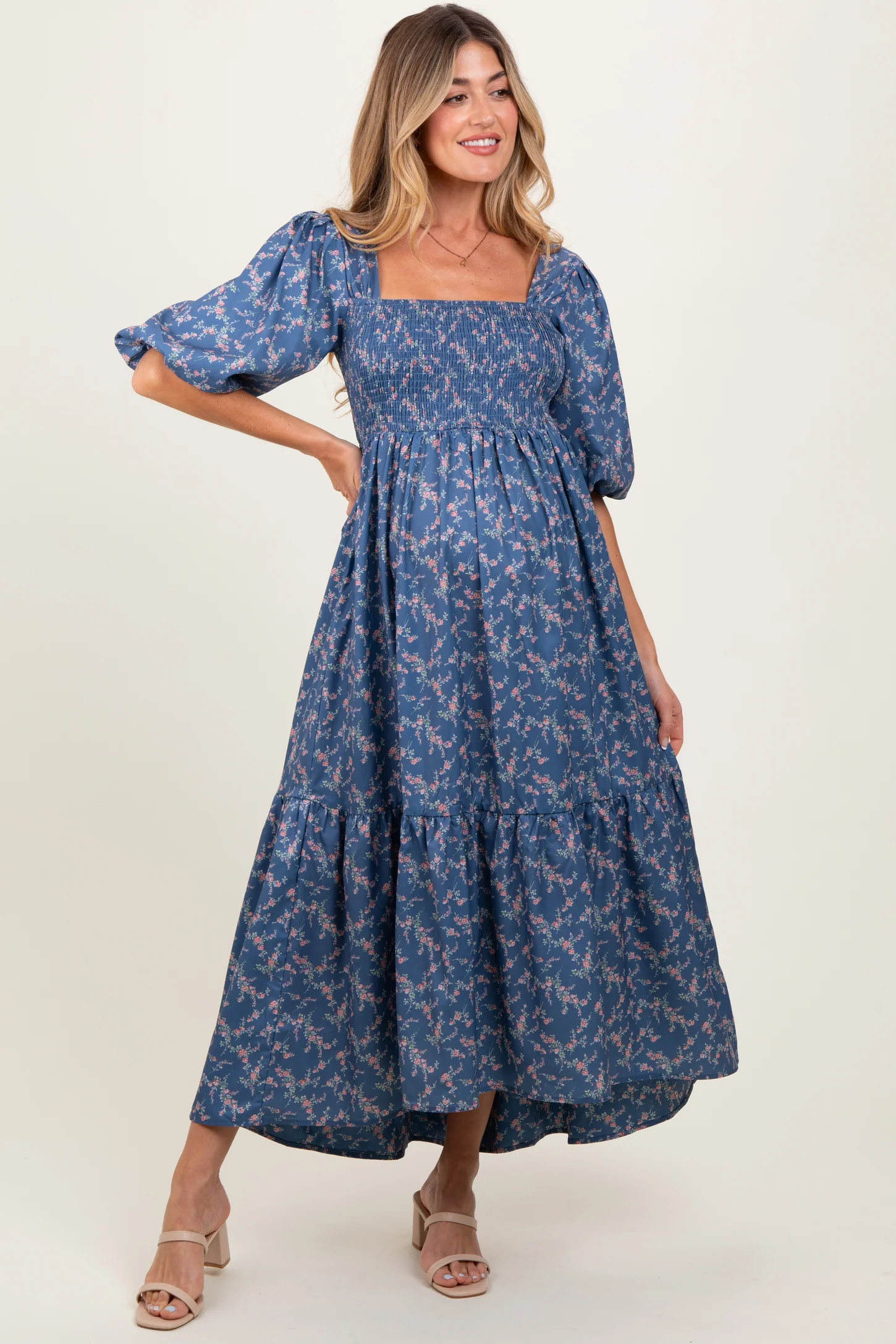 Blue Floral Smocked Hi-Low Puff Sleeve Maternity Maxi Dress | PinkBlush Maternity