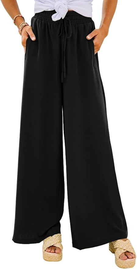 Goranbon Women's Wide Leg Pants Flowy Elastic Waist Drawstring Casual Loose Palazzo Pants | Amazon (US)