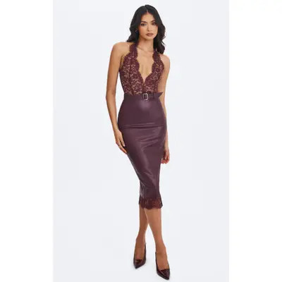 Miss Circle Fiera Plunging Halter Belted Midi Dress in Mahogany at Nordstrom, Size Medium | Nordstrom