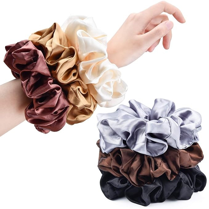 CEELGON Brown Black Big Satin Scrunchies for Women Large Scrunchie Coffee Satin Oversized Thick E... | Amazon (US)
