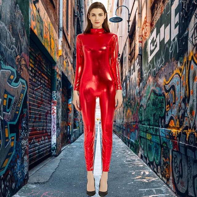 speerise Women Shiny Metallic Unitard Long Sleeve Catsuit Bodysuit | Amazon (US)