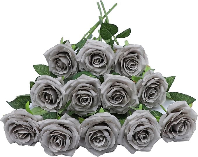 12pcs Artificial Rose Flower Grey Rose Flowers with Long Stem Silk Roses Bouquet for Wedding Brid... | Amazon (US)