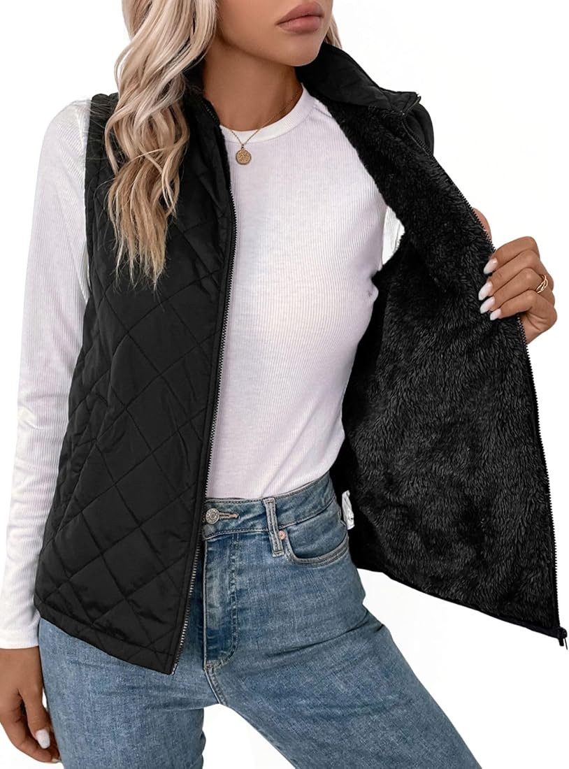 Verdusa Women's Sleeveless Zip Up Quilted Vest Jacket Fleece Lined Outerwear | Amazon (US)