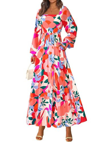PRETTYGARDEN Women Floral Maxi Dresses 2026 Spring Long Sleeve Square Neck Boho A Line Wedding Guest Casual Flowy Long Dress(Floral Beige Multicolored,Small) | Amazon (US)