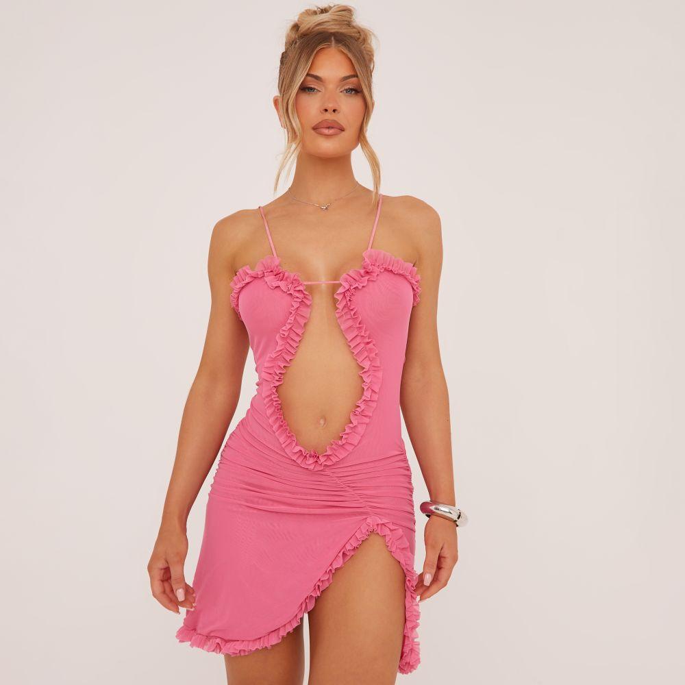 Cross Front Frill Detail Cut Out Mini Dress In Hot Pink | EGO Shoes (US & Canada)