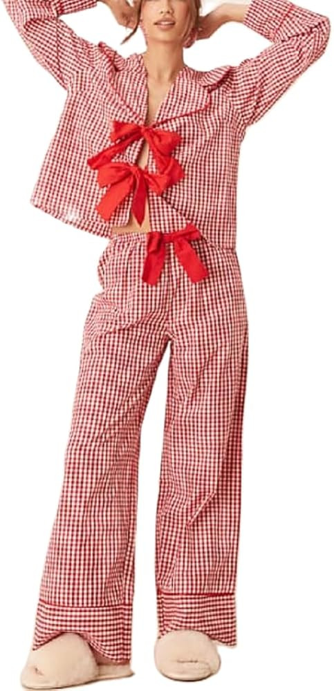 Womens Plaid Pajamas Set Bow Tie Front Long Sleeve Shirt and Pants 2 Piece Gingham Pjs Set Lounge... | Amazon (US)