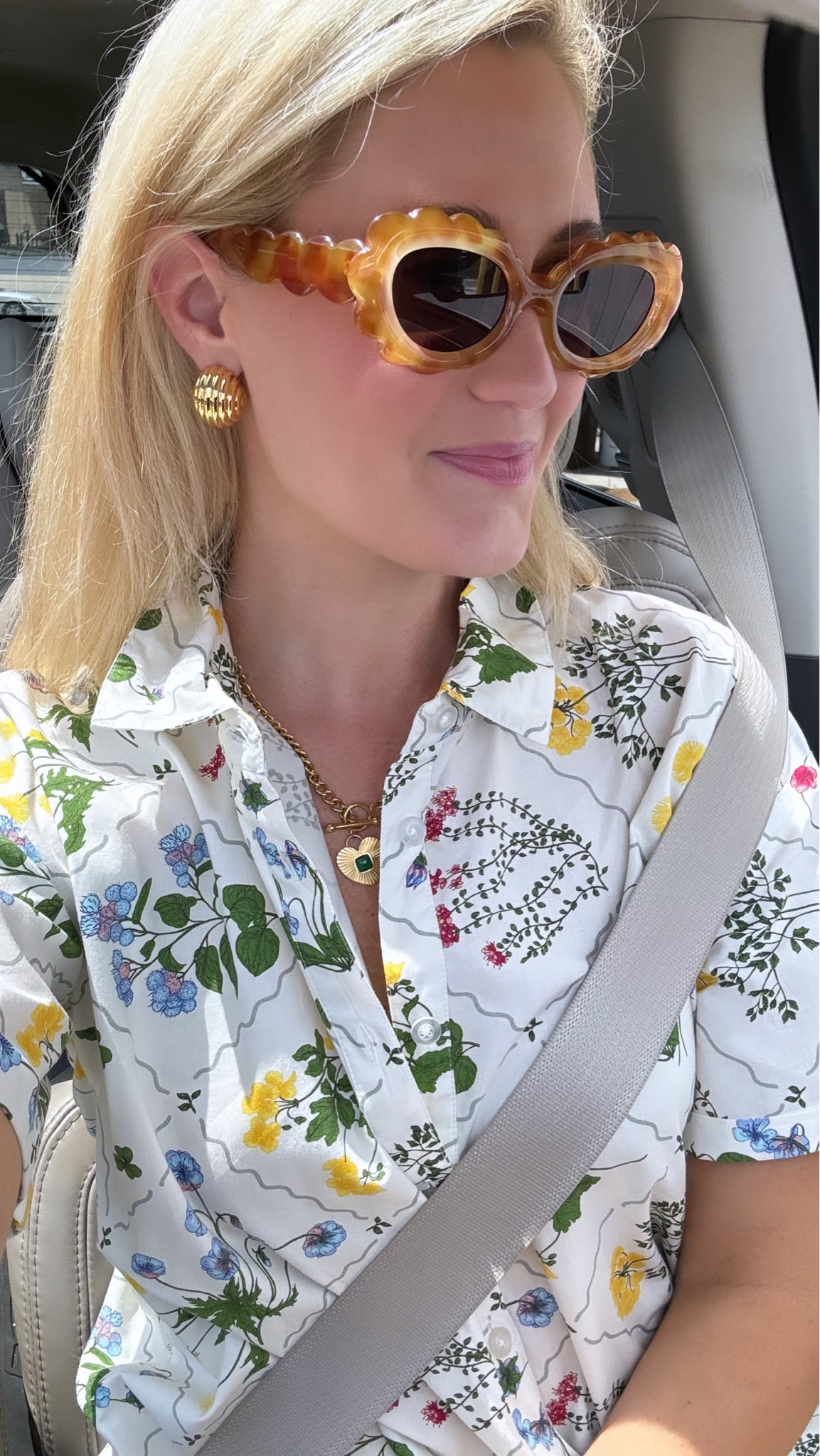 Amazon necklace, Tuckernuck earrings and dress, Anthropologie sunglasses for summer! 