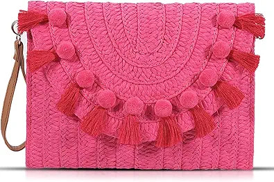 Straw Crossbody Bag for Women, Pink Clutch Purses, Bohemian Handmade Woven Handbags, Tassels Summ... | Amazon (US)