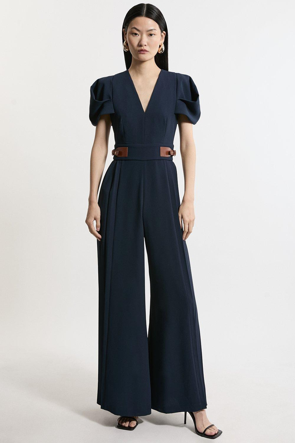 Soft Tailored Crepe Tab Detail Pleated Jumpsuit | Karen Millen UK + IE + DE + NL