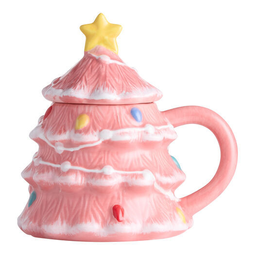 Pink Christmas Tree Lidded Hand Painted Figural Ceramic Mug by World Market | World Market