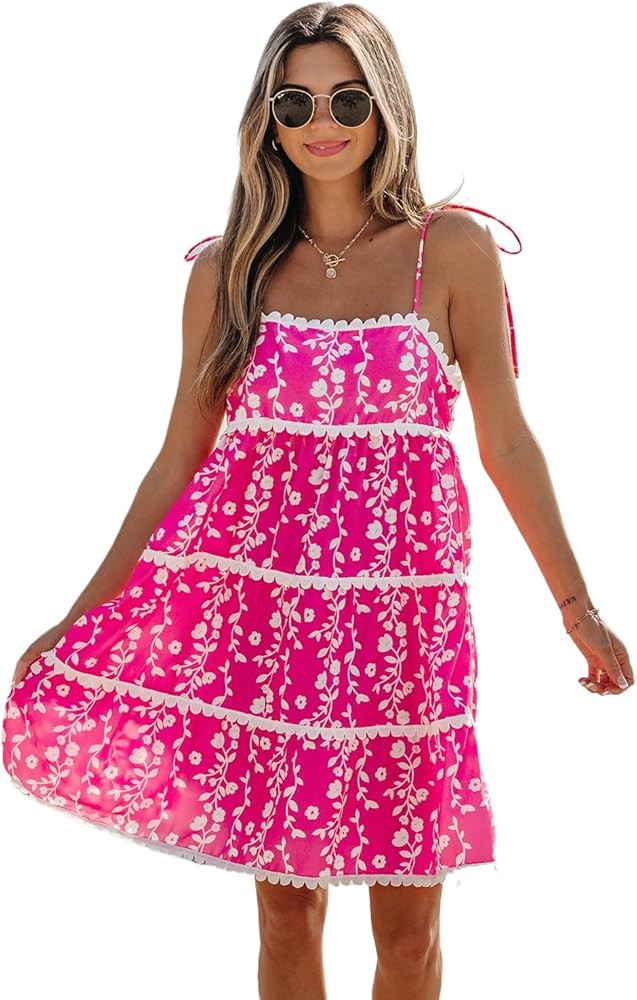 Women's Pink Floral Print RIC Rac Patched Sleeveless Mini Dress with Tie Shoulders | Amazon (US)