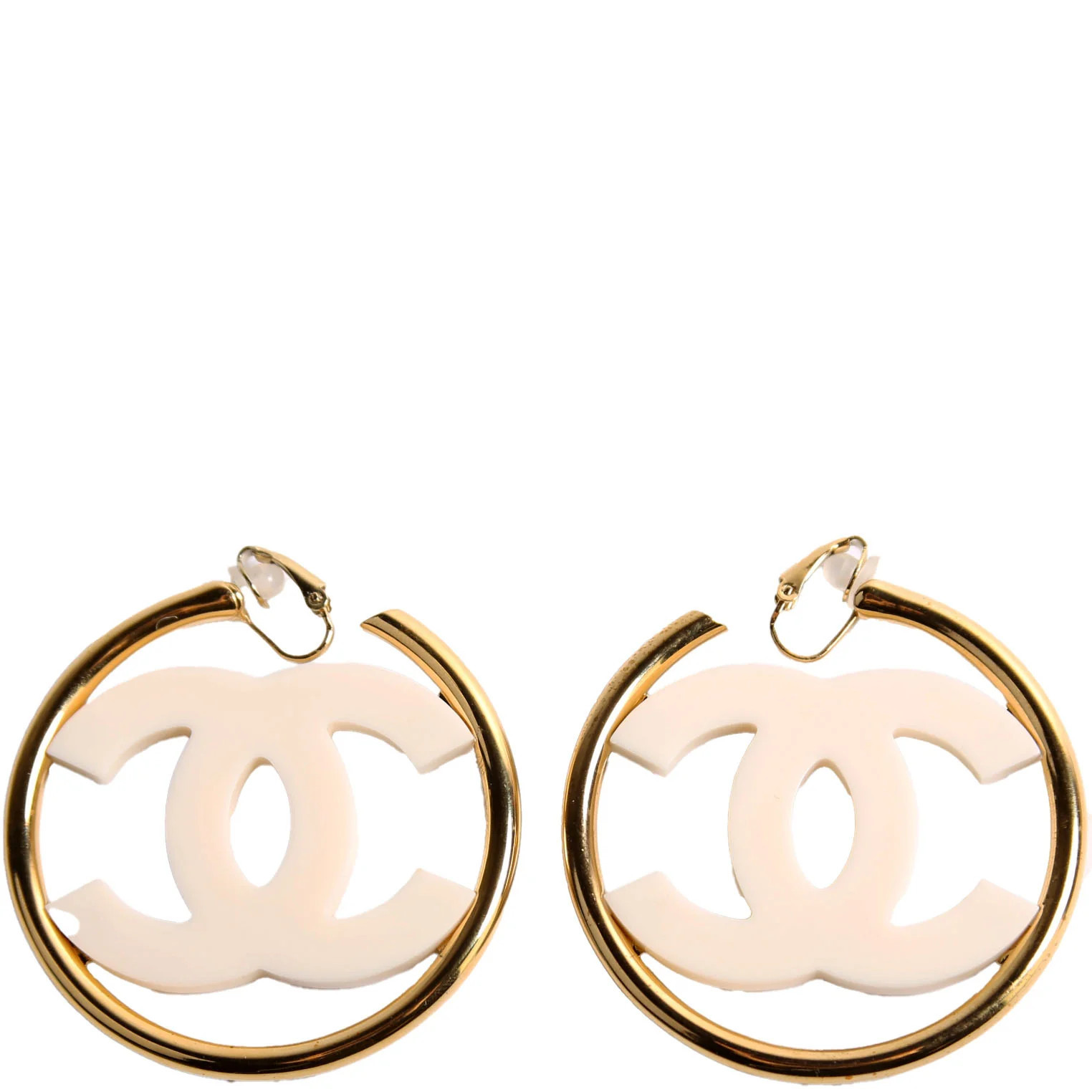 CC Enamel Metal Hoop Clip On Earrings Gold/Ivory | Keeks Designer Handbags