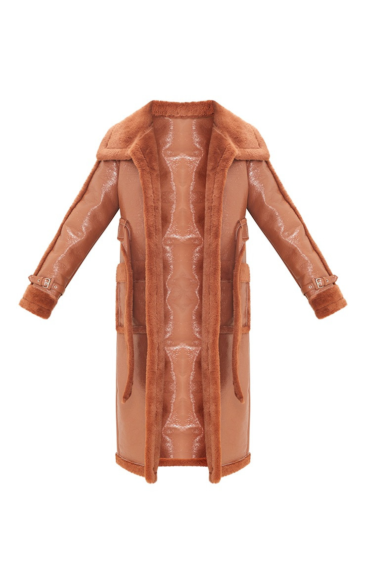 Tall Chocolate Vinyl Contrast Faux Fur Midi Coat | PrettyLittleThing US