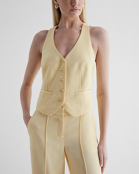 Linen-Blend Button Front T-Back Vest | Express