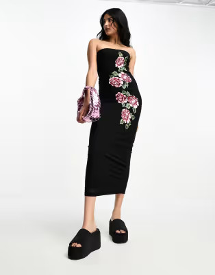 ASOS DESIGN bandeau mesh midi dress with rose embroidered side in black | ASOS (Global)