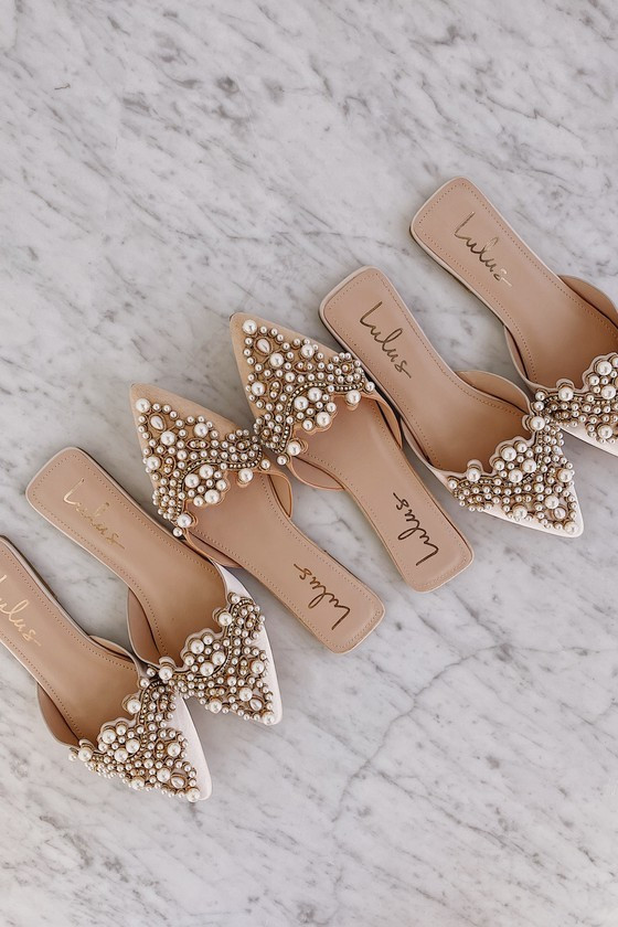 Flora Beige Suede Pearl Embroidered Pointed-Toe Flats | Lulus