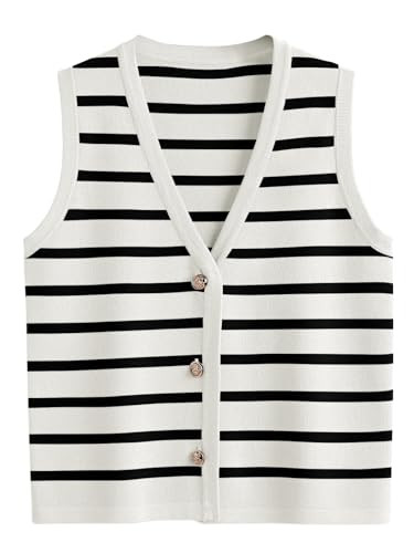 LILLUSORY Vest Tops for Women 2026 Spring Striped Sweaters Button Up Summer Business Casual Shirts Womens Blouses Jackets Fashion Clothes Sleeveless Tank tops White Black XL | Amazon (US)