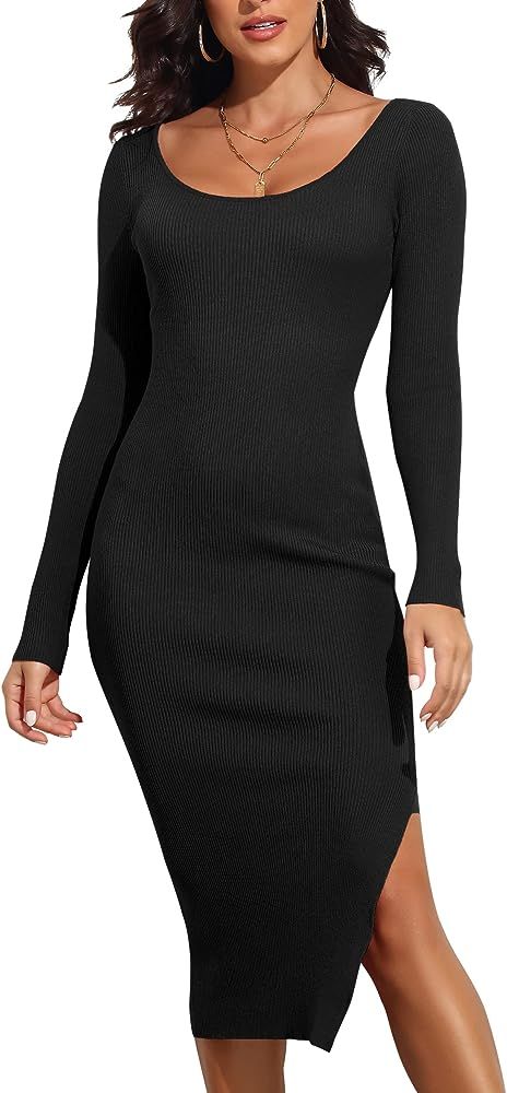 PrettyGuide Women's Fall Sweater Dress Scoop Neck Long Sleeve Ribbed Knit Bodycon Slit Midi Dress | Amazon (US)