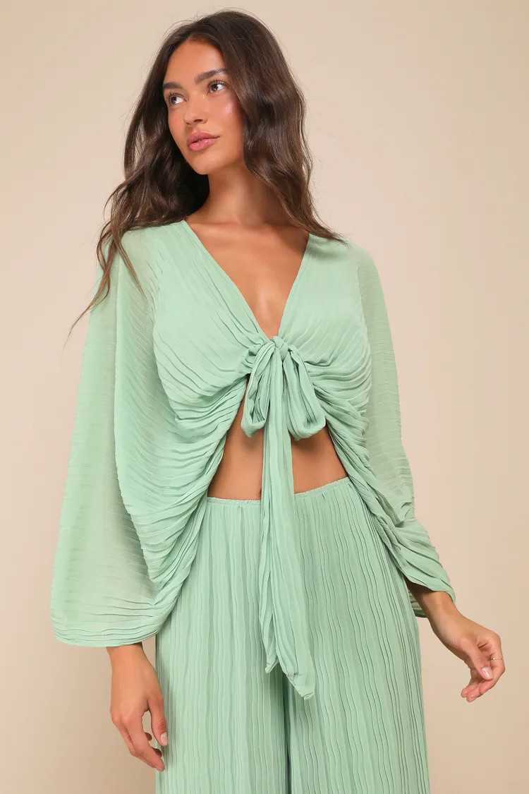 Pristine Presence Sage Plisse Tie-Front Dolman Sleeve Crop Top | Lulus