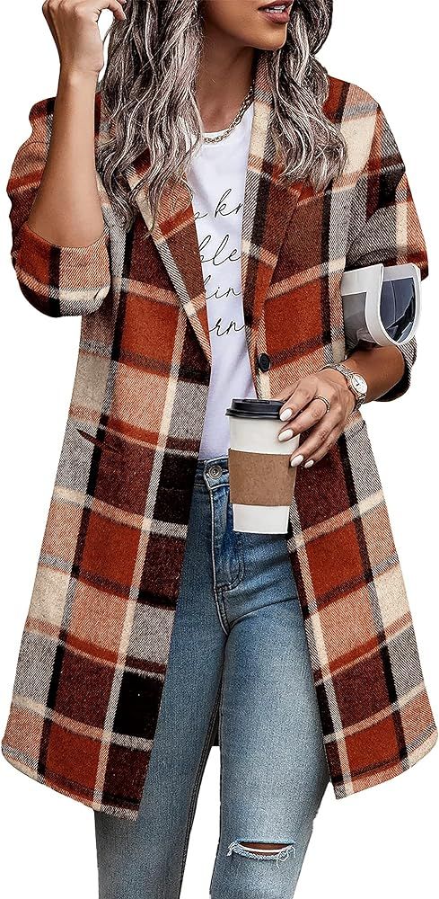 Zeagoo Women 2023 Plaid Jacket Mid Length Trench Coat Fall Wool Pea Coat with Pockets | Amazon (US)