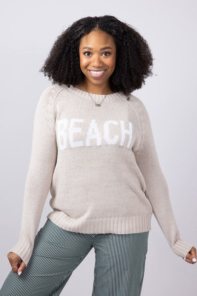 Beach Crewneck Sweater for Women in Khaki/Ivory | Glik's