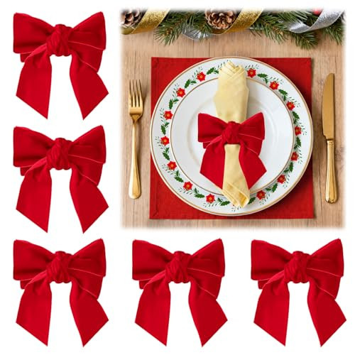 Red Velvet Bow Christmas Napkin Rings Set of 6 - Beautiful Napkin Holder Rings for Holiday Dinner Table Decorations | Amazon (US)