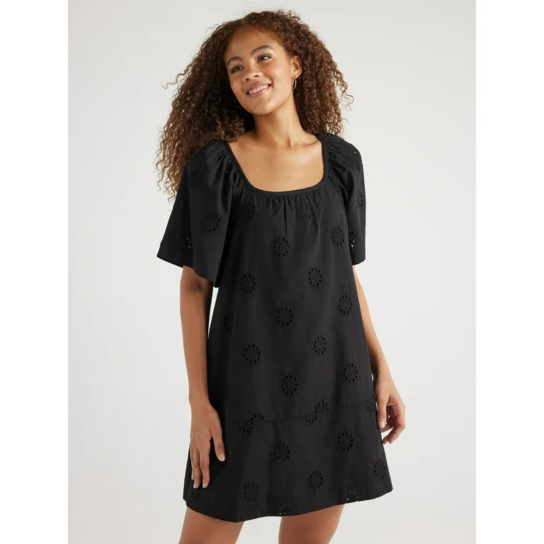 Free Assembly Women's Square Neck Eyelet Mini Dress with Short Sleeves, Sizes XS-XXL | Walmart (US)