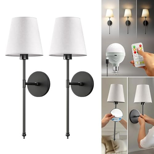 PRIDOLA Set of 2 Wireless Wall Sconces - Stick-On or Screw Mount for Easy Installation with Rechargeable LED Bulbs, Remote Controlled, Adjustable Brightness & Warmth, Living Room Wall Decor (Black) | Amazon (US)