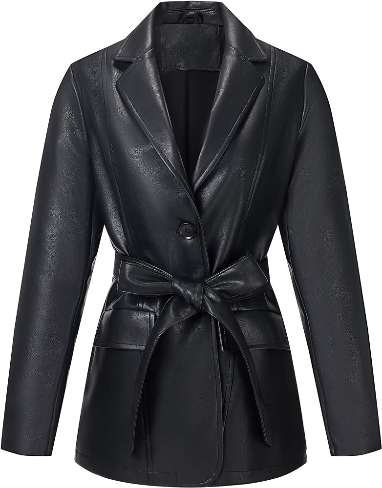 RISISSIDA Women Faux Leather Blazer Jacket,Spring Fall Vegan Pleather Soft Casual Lapel Button Do... | Amazon (US)