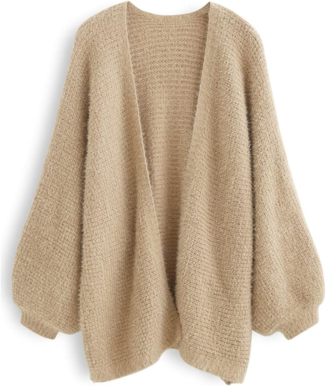 CHICWISH Women Fuzzy Open Front Waffle Knit Cardigan Long Lantern Sleeve Oversize Classy Cozy Cardigan Sweater Tan/Pink/Blue | Amazon (US)