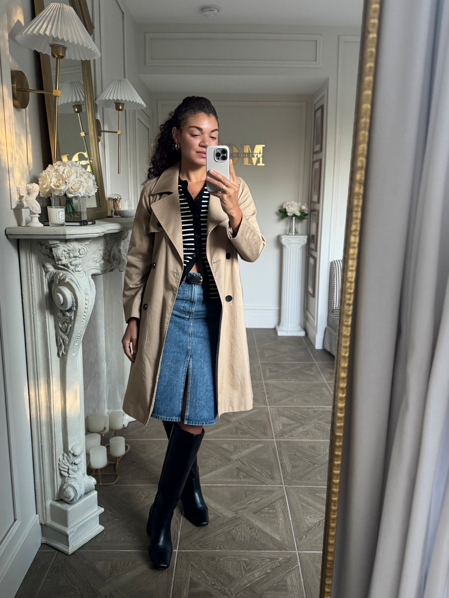 Fall outfit idea: polo shirt, denim skirt, trench coat, and knee high boots 

#LTKSeasonal #LTKStyleTip