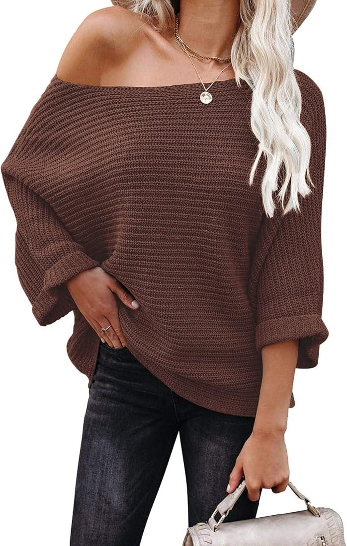 KIRUNDO 2022 Fall Winter Women's Off Shoulder Sweaters Batwing 3/4 Sleeves Casual Loose Fit Solid Pu | Amazon (US)