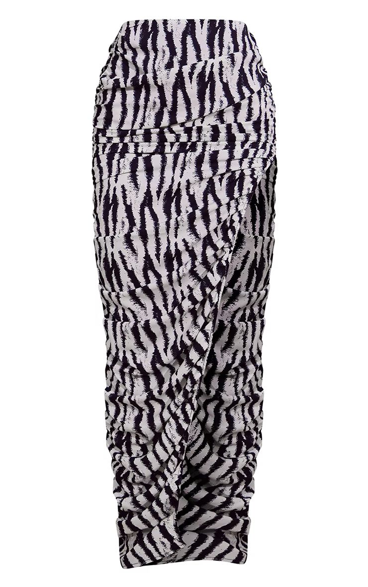 Black Zebra Print Woven Ruched Side Detail Split Leg Midaxi Skirt | PrettyLittleThing US