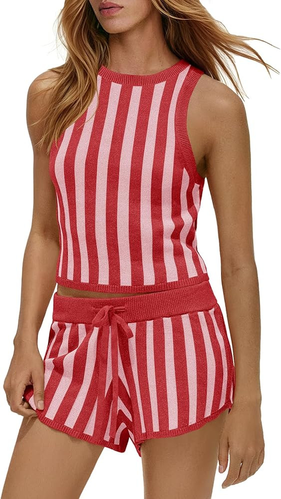 Panadila Womens Two Piece Short Sets Striped Sweater Set Summer Tank Tops High Waisted Shorts Bea... | Amazon (US)