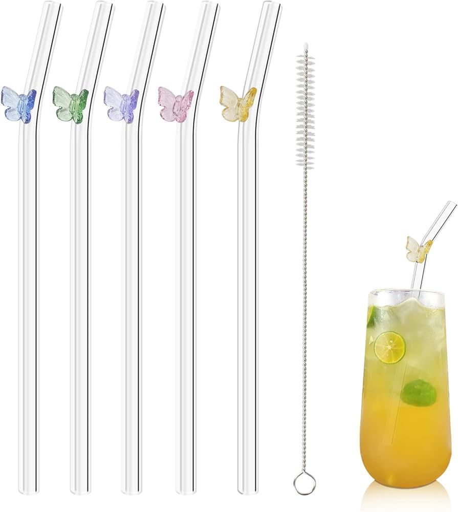 5 Pcs Reusable Straws Clear Glass Straws Colorful Butterfly Design Size 7.8" x 8mm with 1 Cleaning Brush for Smoothies, Milkshakes, Juices, Teas (Colorful Butterfly) | Amazon (US)