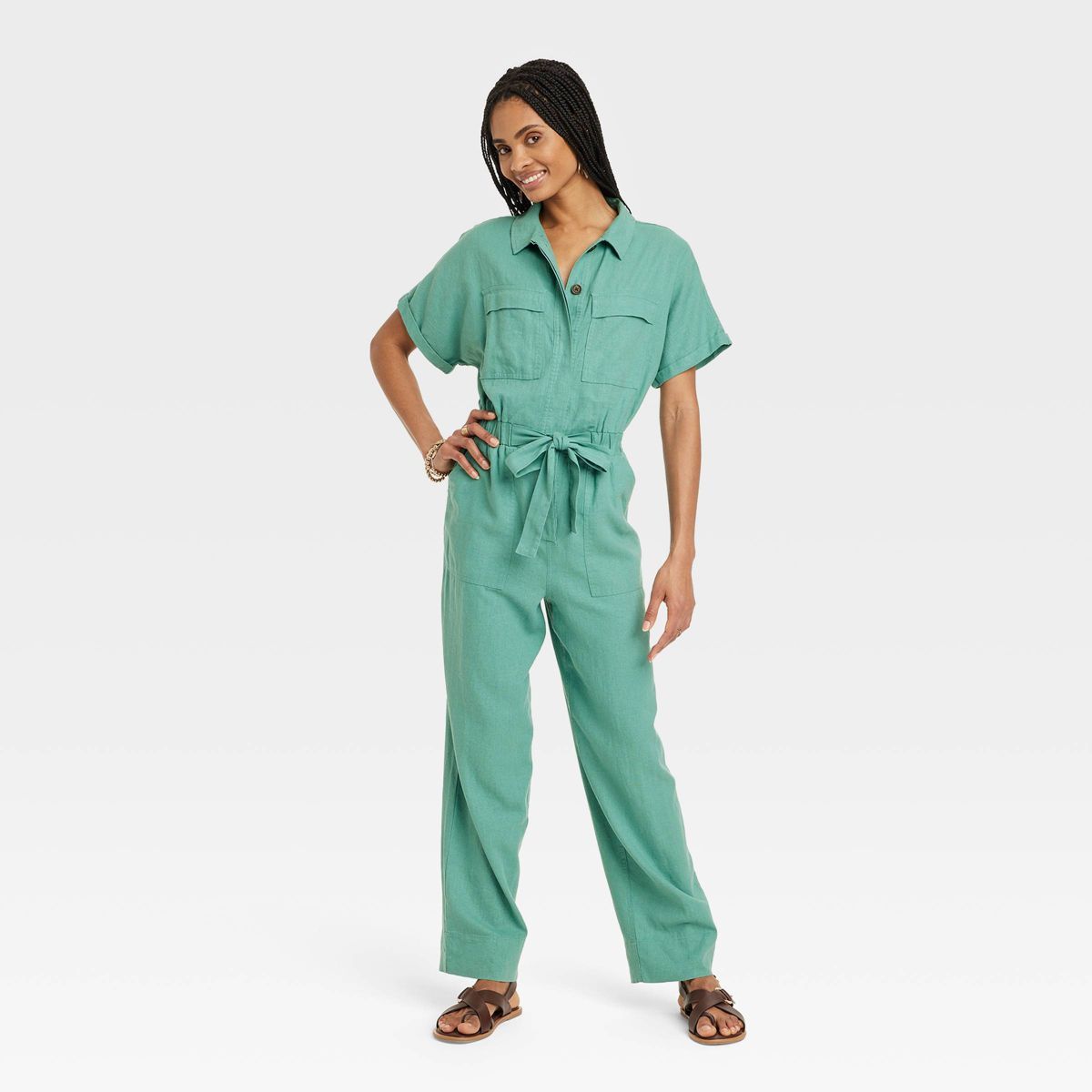 Women's Short Sleeve Linen Boilersuit - Universal Thread™ Green 8 | Target
