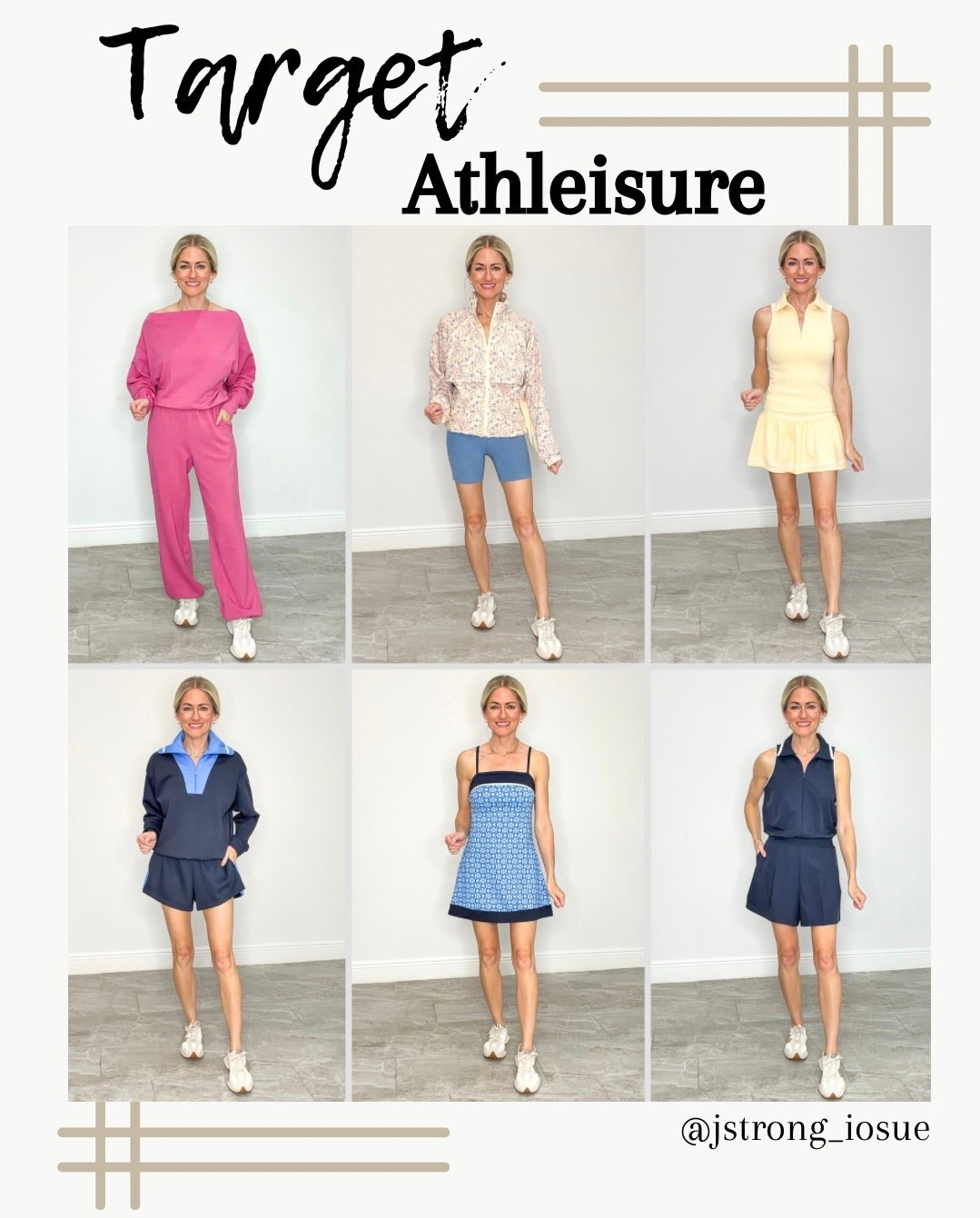 Target Athleisure and pretty spring colors! Pink set is soft and great for travel! Floral lightweight jacket is a nice layer. Loving the butter yellow! Blue set has a bubble hem. Dress has built in shorts and romper is great for golf!