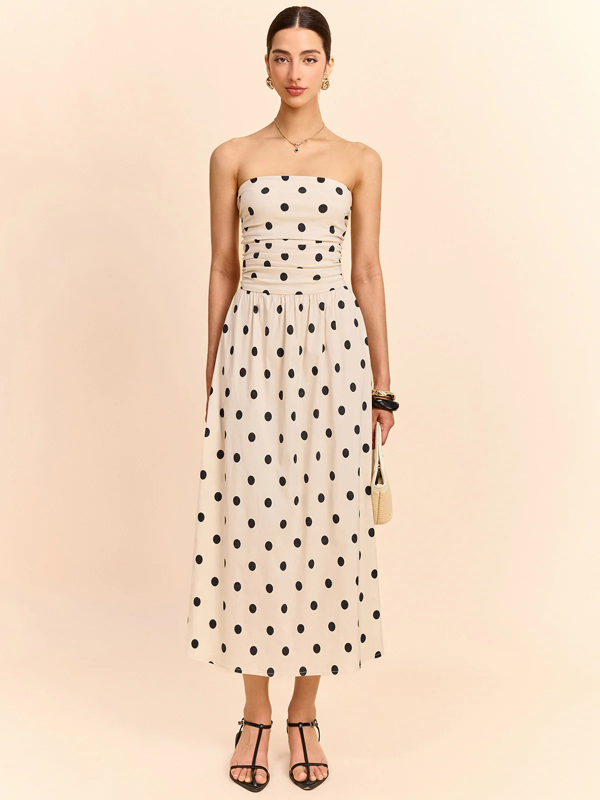 Strapless Polka Dot Ruched Midi Dress | Commense