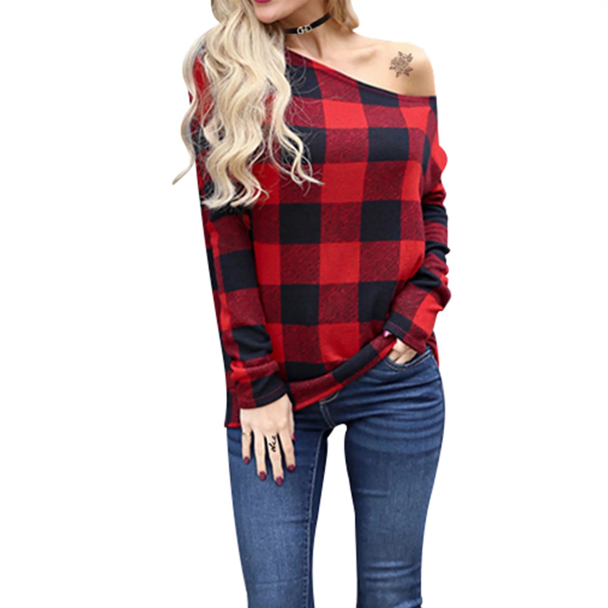 Womens Buffalo Plaid Shirt Off Shoulder Fall Top Vintage Shirts Long Sleeve Casual Loose Tunic T ... | Walmart (US)