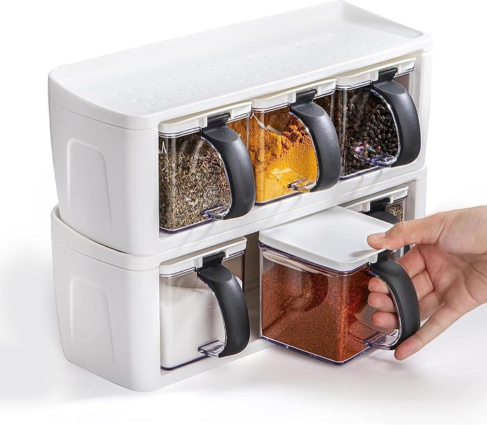 2Pcs 3-Grid White Plastic Spice Rack with Spoons, Stackable Seasoning Box Storage Rack for Salt, ... | Amazon (US)