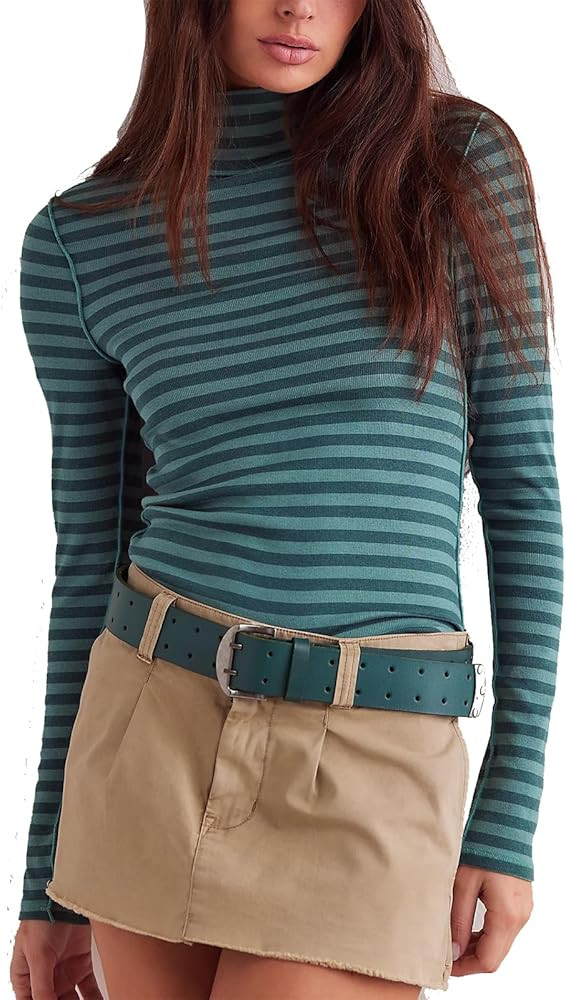 HOXIJIA Women Y2K Striped Print Turtle Neck Shirt Causal Long Sleeve Slim Fit Blouse Autumn Daily... | Amazon (US)